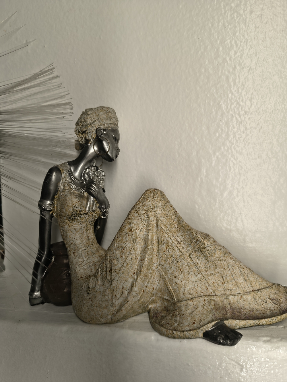 Reclining African Queen Figurine Mixed Media Sculpture Silver Black Stone Textur
